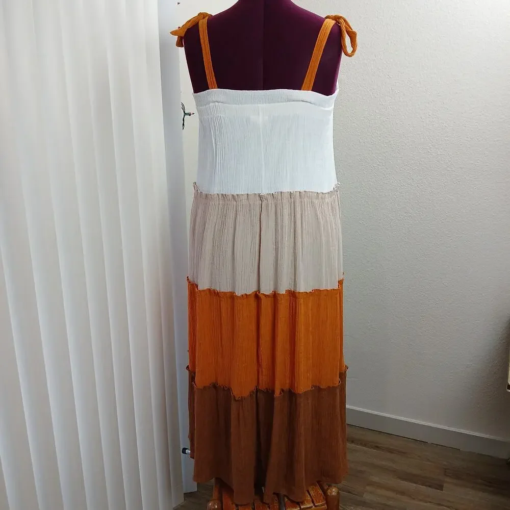 Blu Pepper Tiered Maxi Sundress S white tan orange brown colorblock lined - Picture 3 of 12